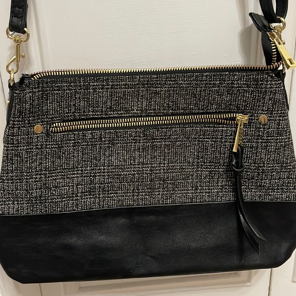 Black and white crossbody purse with long strap